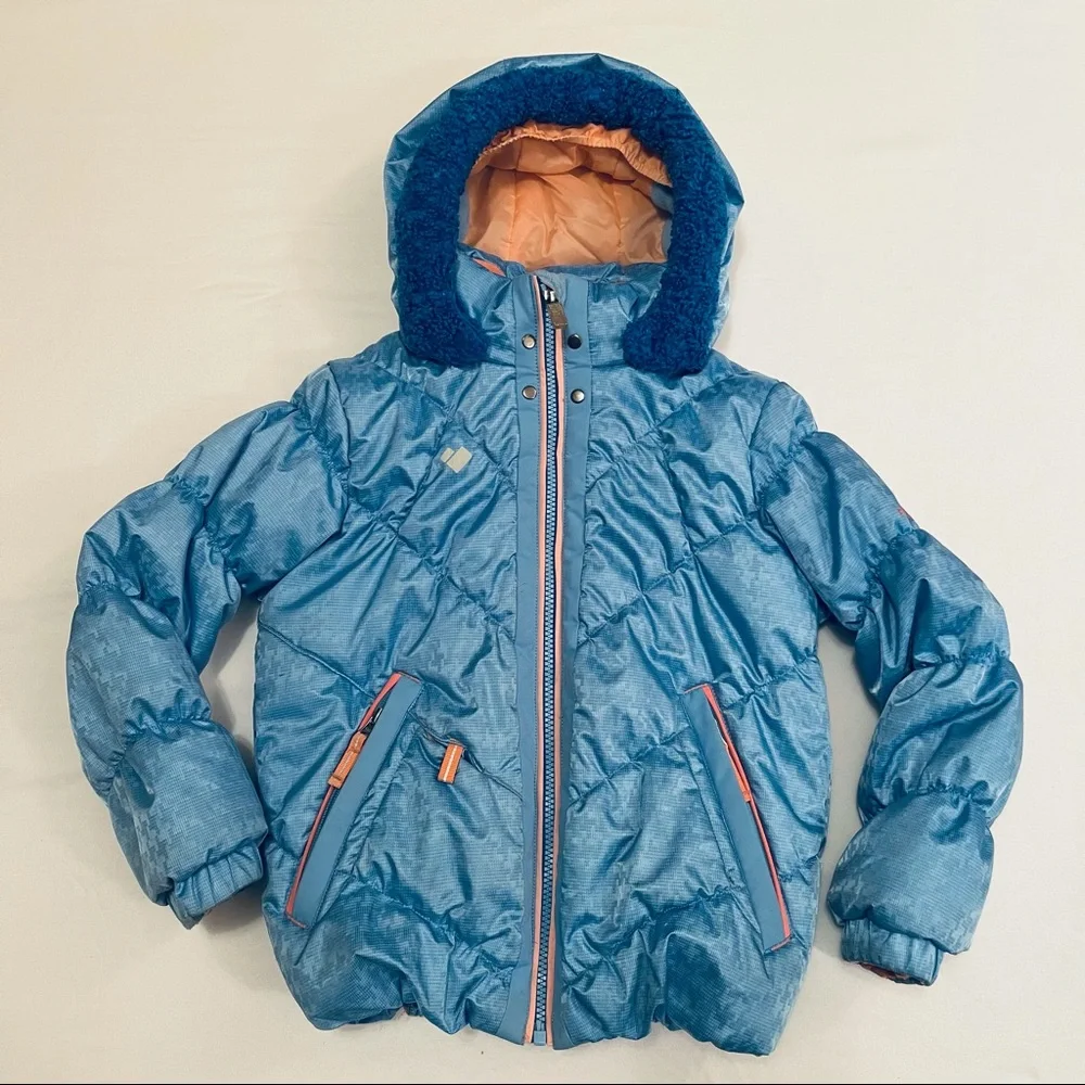 Girls blue ski coat with sherpa trim and removable hood by Oberymeyer